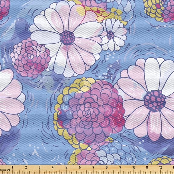 Ambesonne Floral Fabric by the Yard, Aster Flowers Daisies Plot, 1 Yard, Lavender Blue and Pale Lilac