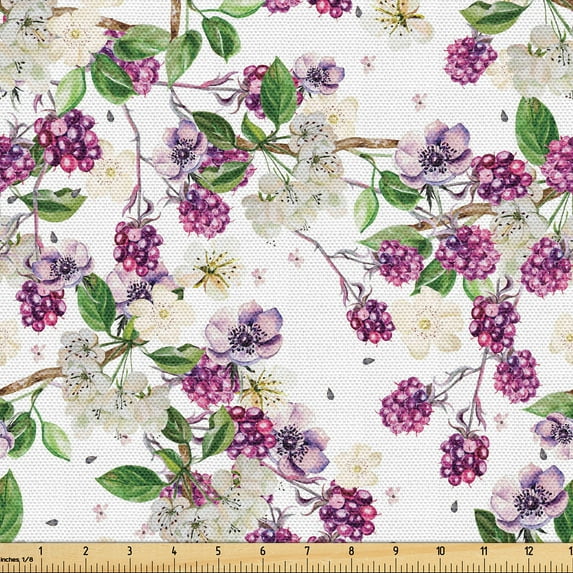 Ambesonne Floral Fabric by the Yard, Blackberries Anemone Flowers, 5 Yards, Pale Fuchsia Green White