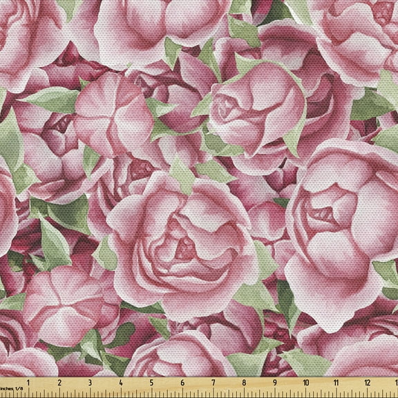 Ambesonne Floral Fabric by the Yard, Blooming Peonies Pattern Art, 1 Yard, Pale Pink Laurel Green