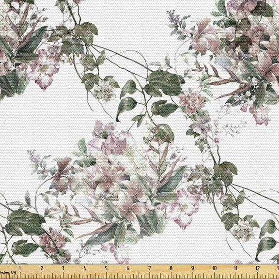 Ambesonne Floral Fabric by the Yard, Blossoming Flowering Leaves, 10 Yards, Pale Rose Reseda Green