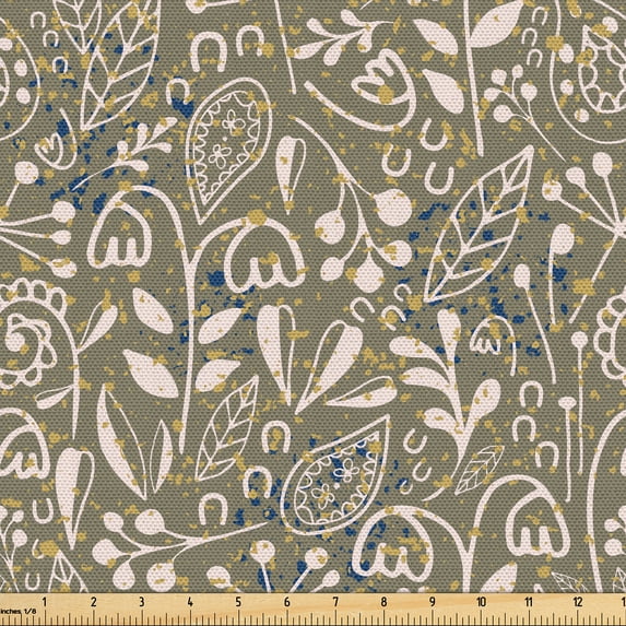 Ambesonne Floral Fabric by the Yard Upholstery, Botanical Print of Leaves, 10 Yards, Army Green Dark Blue