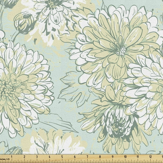 Ambesonne Floral Fabric by the Yard, Chrysanthemums Retro Plot, 3 Yards, Pale Green and Champagne
