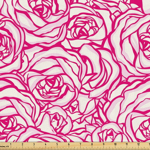 Ambesonne Floral Fabric by the Yard Upholstery, Continuous Roses Simplified, 1 Yard, Hot Pink White Rose