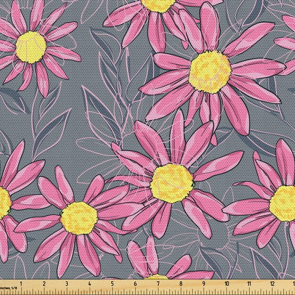 Ambesonne Floral Fabric by the Yard Upholstery, Daisies Pattern Vintage Plot, 3 Yards, Pastel Pink and Purpleblue