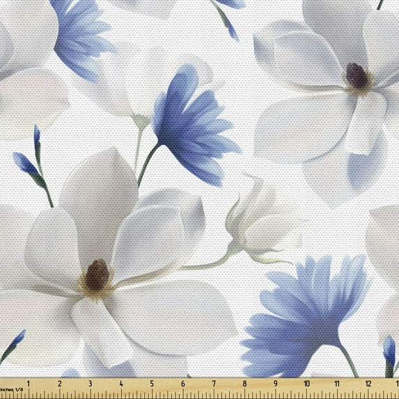 Ambesonne Floral Fabric by the Yard, Delicate Spring Flowers Art, 5 Yards, Ceil Blue Coconut and White
