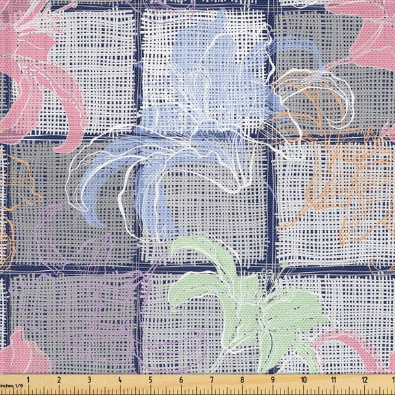 Ambesonne Floral Fabric by the Yard Upholstery, Drawing of Lily Pattern Art, 1 Yard, Indigo Pale Grey and Blush
