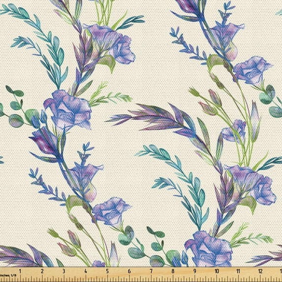 Ambesonne Floral Fabric by the Yard Upholstery, Eustoma Flowers Vintage Art, 3 Yards, Pale Purple and Reseda Green