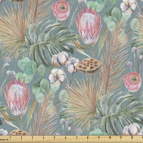 Ambesonne Floral Fabric by the Yard, Exotic Dried Leaves Print, 5 Yards, Cadet Blue Pink Green