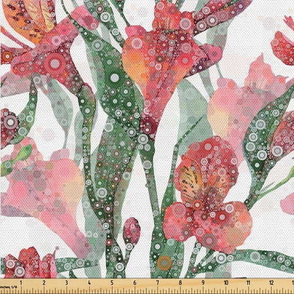 Ambesonne Floral Fabric by the Yard Upholstery, Exotic Lily of the Incas Art, 5 Yards, Fern Green Coral Orange