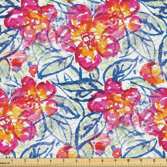 Ambesonne Floral Fabric by the Yard Upholstery, Fashion Red Flowers Plot, 3 Yards, Hot Pink and Blue Violet