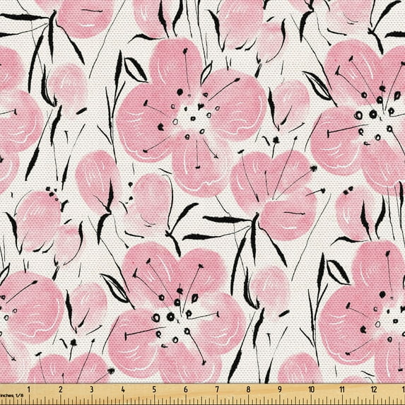 Ambesonne Floral Fabric by the Yard Upholstery, Fashion Vintage Flowers Plot, 10 Yards, Pastel Pink and Dark Grey