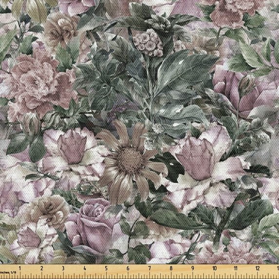 Ambesonne Floral Fabric by the Yard Upholstery, Flourishing Wild Roses Print, 5 Yards, Sage Green Grey Pink