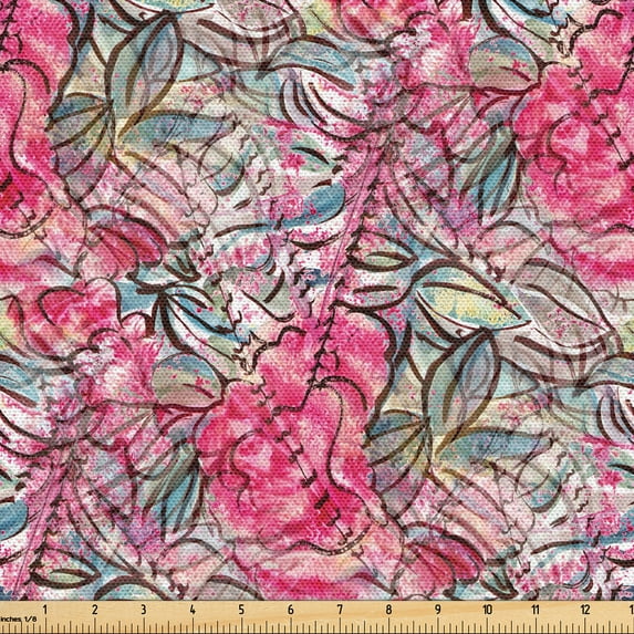 Ambesonne Floral Fabric by the Yard Upholstery, Flower Leaf Ink Repeating, 5 Yards, Dark Coral and Slate Blue