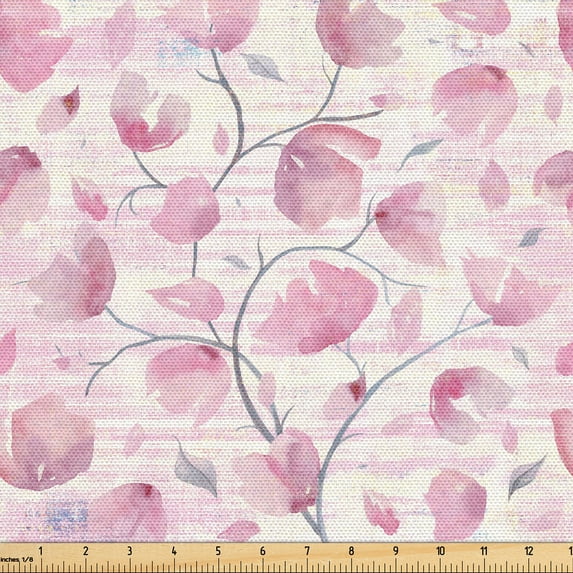 Ambesonne Floral Fabric by the Yard, Flower Petals Spring Pattern, 10 Yards, Pink Blue Grey and Ivory