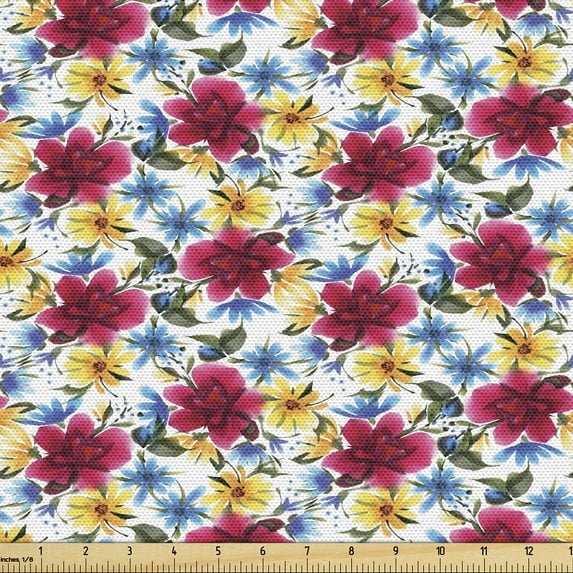 Ambesonne Floral Fabric by the Yard Upholstery, Flowers Colorful Art Nature, 1 Yard, Pale Orange and Dark Coral