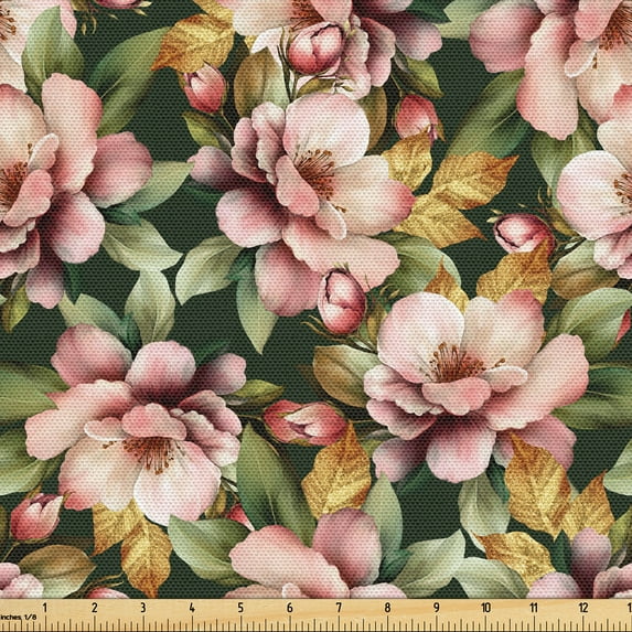 Ambesonne Floral Fabric by the Yard Upholstery, Flowers Gold Leaves Spring, 2 Yards, Dried Rose and Army Green