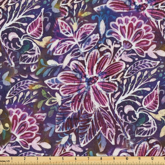 Ambesonne Floral Fabric by the Yard Upholstery, Flowers Leaves Pastel Art, 2 Yards, Pale Maroon Indigo Blue