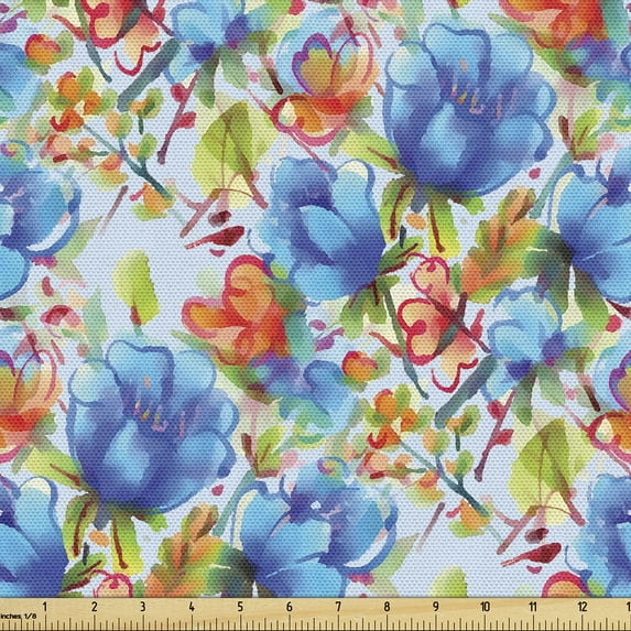 Ambesonne Floral Fabric by the Yard Upholstery, Flowers Pattern Watercolor, 1 Yard, Sky Blue and Yellow Green