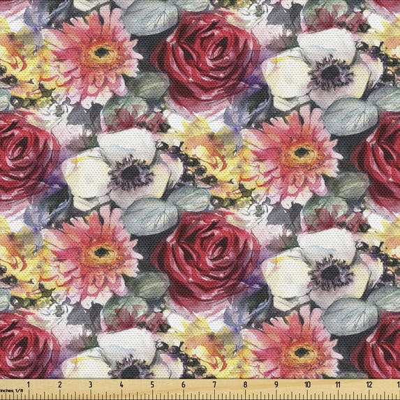 Ambesonne Floral Fabric by the Yard Upholstery, Flowers Scene Vintage Plot, 2 Yards, Dark Coral Sage Green