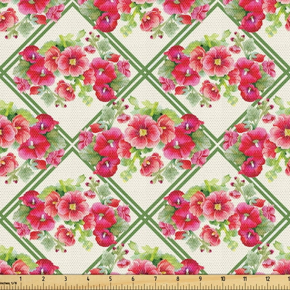 Ambesonne Floral Fabric by the Yard Upholstery, Flowers Valentine's Day Plot, 1 Yard, Dark Coral and Fern Green