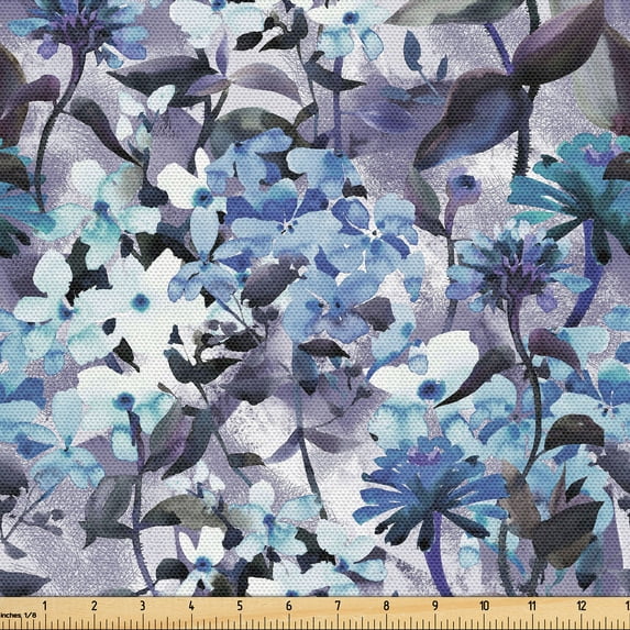 Ambesonne Floral Fabric by the Yard Upholstery, Flowers Violet Color Palette, 2 Yards, Indigo Pale Blue White
