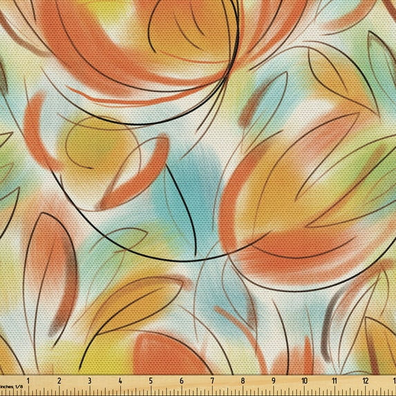Ambesonne Floral Fabric by the Yard Upholstery, Flowers Warm Colors Vintage, 5 Yards, Earth Yellow and Vermilion