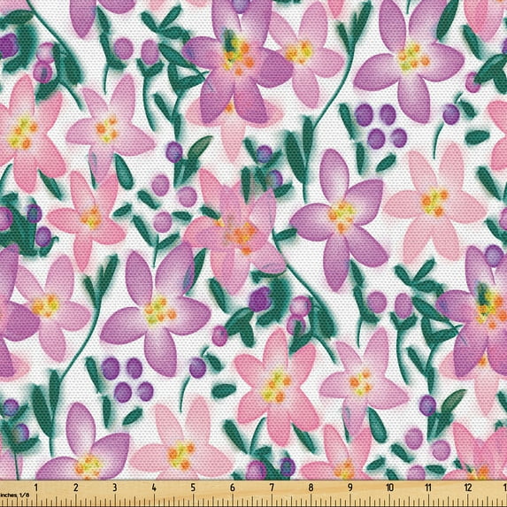Ambesonne Floral Fabric by the Yard Upholstery, Flowers Watercolor Circles, 2 Yards, Forest Green Pastel Pink