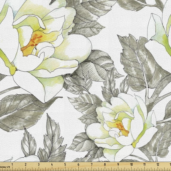 Ambesonne Floral Fabric by the Yard Upholstery, Flowers with Spring Leaves, 1 Yard, Slate Brown and Pale Green