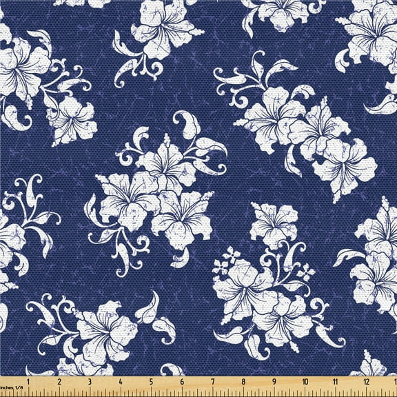 Ambesonne Floral Fabric by the Yard Upholstery, Garden Night Flowers Asian, 5 Yards, Navy Blue and White