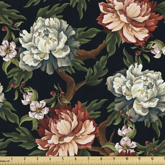 Ambesonne Floral Fabric by the Yard Upholstery, Gothic Jungle Flowers Retro, 5 Yards, Charcoal Grey Pale Rose