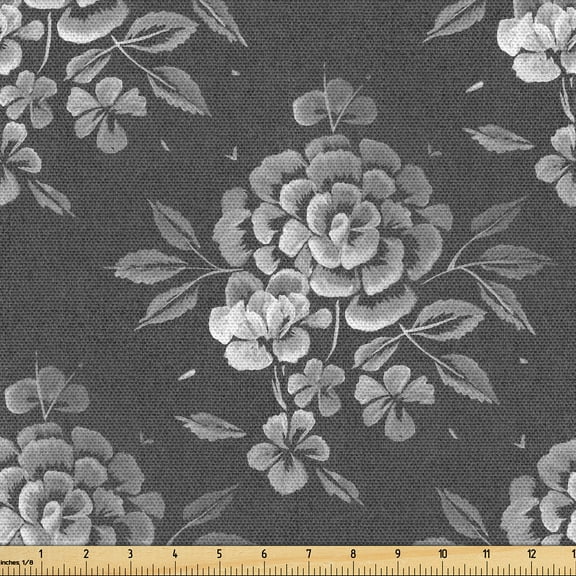 Ambesonne Floral Fabric by the Yard Upholstery, Grayscale Nostalgic Blooms, 1 Yard, Dark Grey
