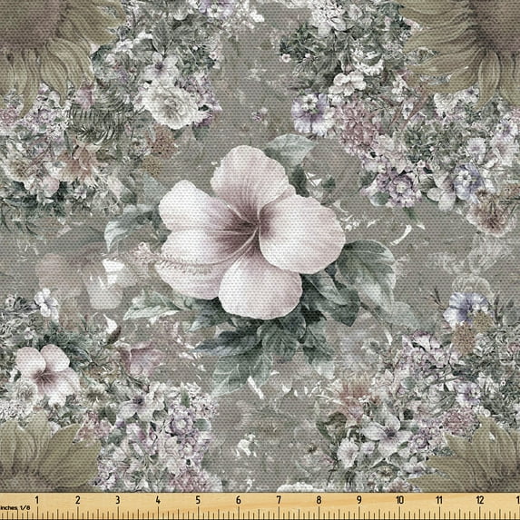 Ambesonne Floral Fabric by the Yard Upholstery, Hawaiian Hibiscus Sunflower, 3 Yards, Dimgray Slate Brown and Pearl