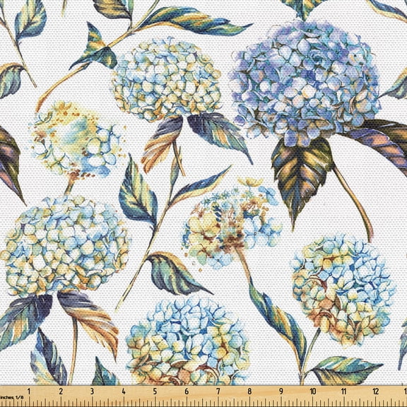 Ambesonne Floral Fabric by the Yard Upholstery, Hydrangea Flowers Summer Art, 1 Yard, Lavender and Sky Blue