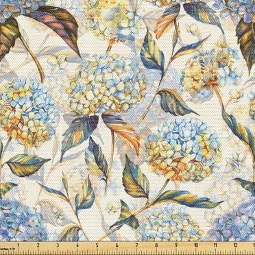 Ambesonne Floral Fabric by the Yard Upholstery, Hydrangea Vintage Botanical, 3 Yards, Dark Peach Ceil Blue