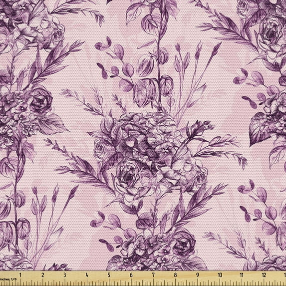 Ambesonne Floral Fabric by the Yard Upholstery, Hydrangeas and Roses Retro, 10 Yards, Pale Purple and Soft Pink