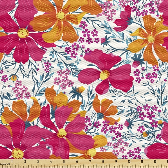 Ambesonne Floral Fabric by the Yard Upholstery, Leafy Flowers Print Spring, 1 Yard, Hot Pink Vermilion