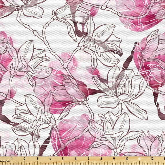 Ambesonne Floral Fabric by the Yard Upholstery, Magnolia Flowers Branches, 3 Yards, Pale Fuchsia Pink and White