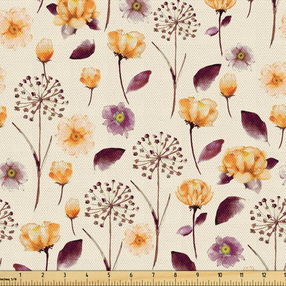 Ambesonne Floral Fabric by the Yard, Meadow Flowers Spring Garden, 3 Yards, Champagne Maroon Orange