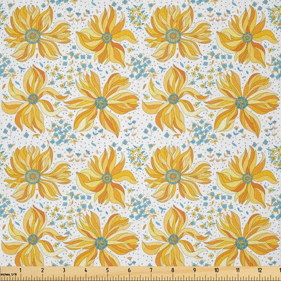 Ambesonne Floral Fabric by the Yard Microfiber, Abstract Creative Flowers, 10 Yards, Orange Mustard