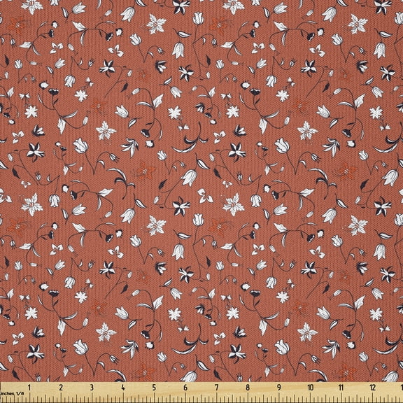 Ambesonne Floral Fabric by the Yard Microfiber, Abstract Flower Composition, 1 Yard, Rust Charcoal Grey and White