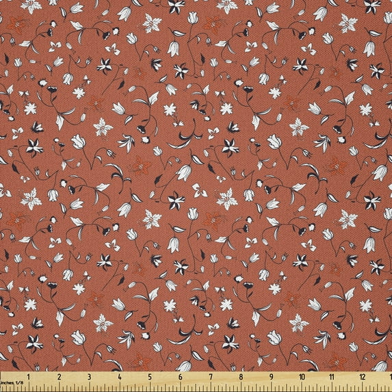 Ambesonne Floral Fabric by the Yard Microfiber, Abstract Flower Composition, 3 Yards, Rust Charcoal Grey and White