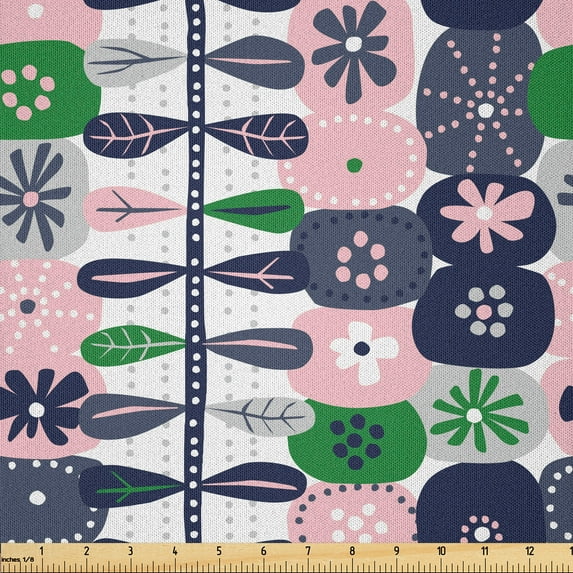 Ambesonne Floral Fabric by the Yard Microfiber, Abstract Flowers Leaves Art, 3 Yards, Pale Pink and Forest Green