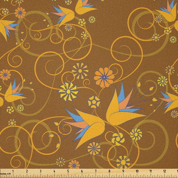Ambesonne Floral Fabric by the Yard Microfiber, Bellflower and Swirls, 2 Yards, Ginger Orange