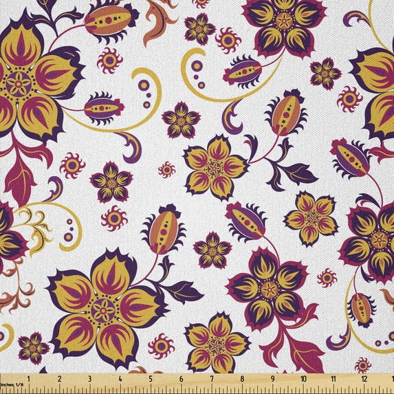 Ambesonne Floral Fabric by the Yard Microfiber, Blooming Flower Pattern, 2 Yards, Yellow Purple Magenta
