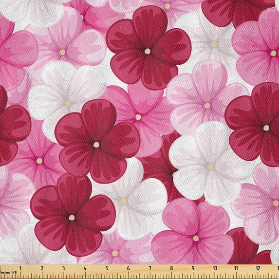 Ambesonne Floral Fabric by the Yard Microfiber, Blossom Common Mallow Flower, 5 Yards, Pink Raspberry White