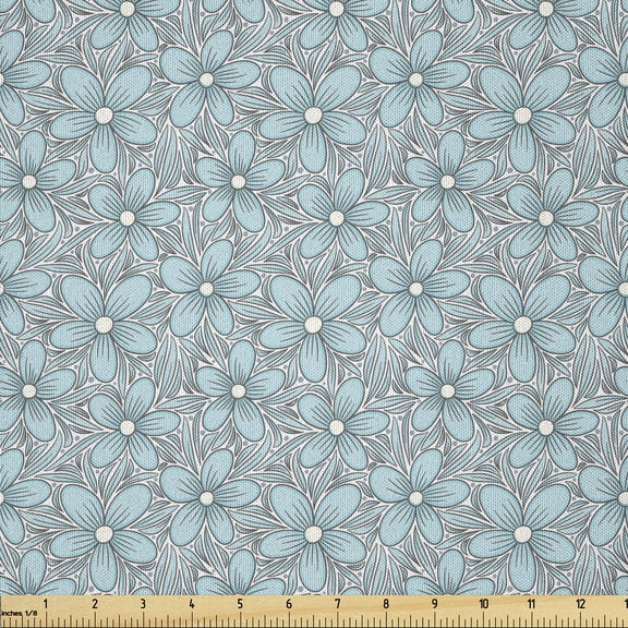 Ambesonne Floral Fabric by the Yard Microfiber, Blossoming Design Botanical, 1 Yard, Aqua White Dark Grey