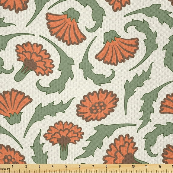 Ambesonne Floral Fabric by the Yard Microfiber, Carnations Curlicue Leaves, 5 Yards, Cream Multicolor