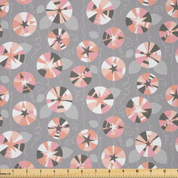 Ambesonne Floral Fabric by the Yard Microfiber, Colorful Bindweeds Stars, 5 Yards, Pale Pink Grey and White