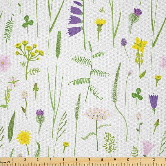 Ambesonne Floral Fabric by the Yard Microfiber, Delicate Wild Flowers, 10 Yards, Lime Green Violet
