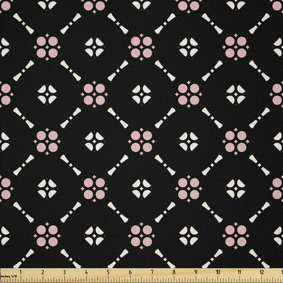 Ambesonne Floral Fabric by the Yard Microfiber, Dots Lines in Flowers Shapes, 2 Yards, Pale Pink and Charcoal Grey